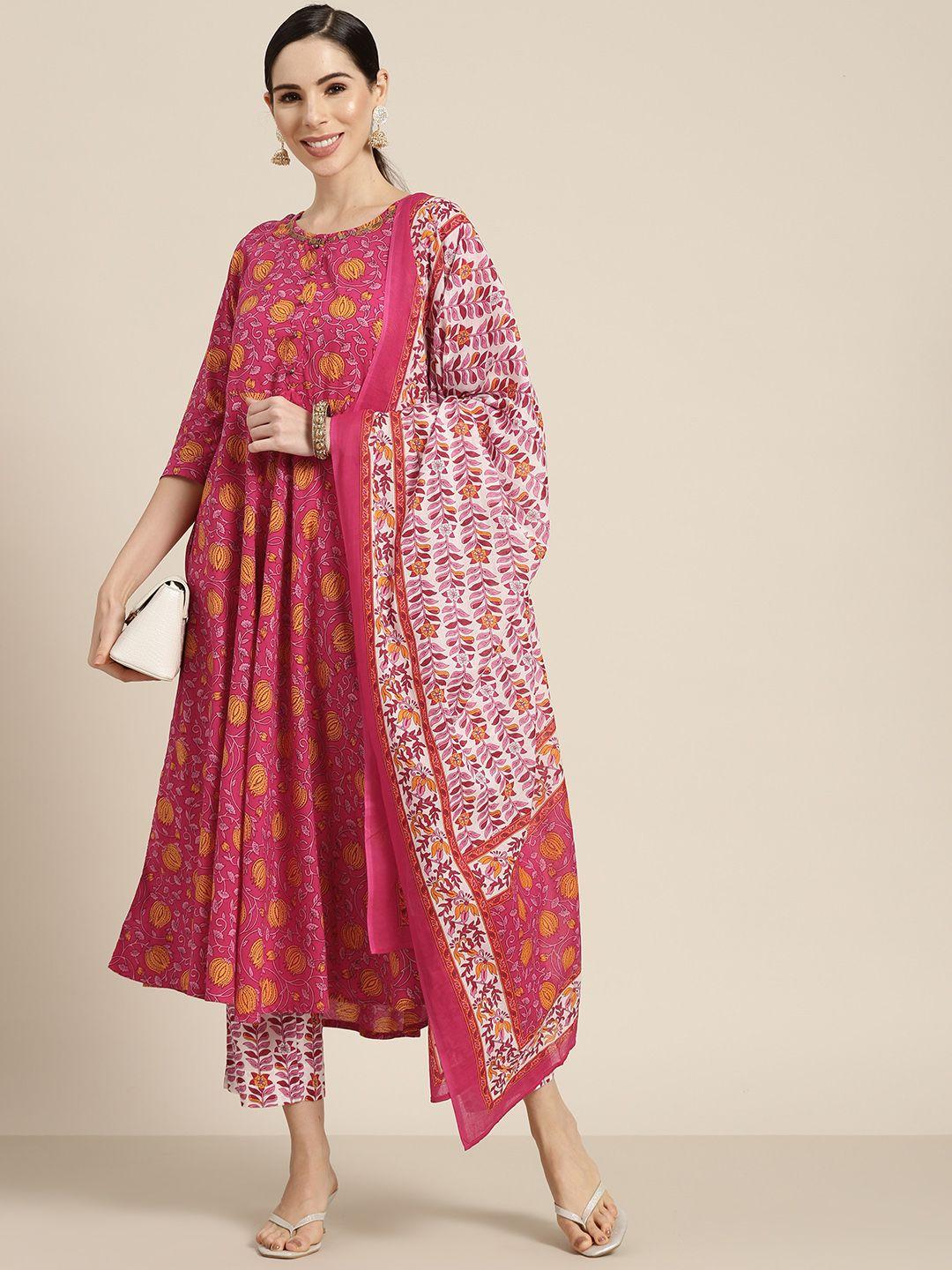 rain & rainbow women fuchsia floral printed pure cotton kurta with trousers & with dupatta