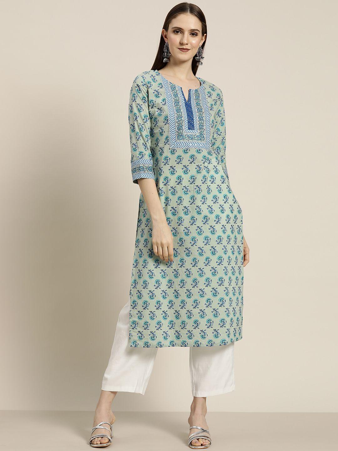 rain & rainbow women green & blue floral printed kurta