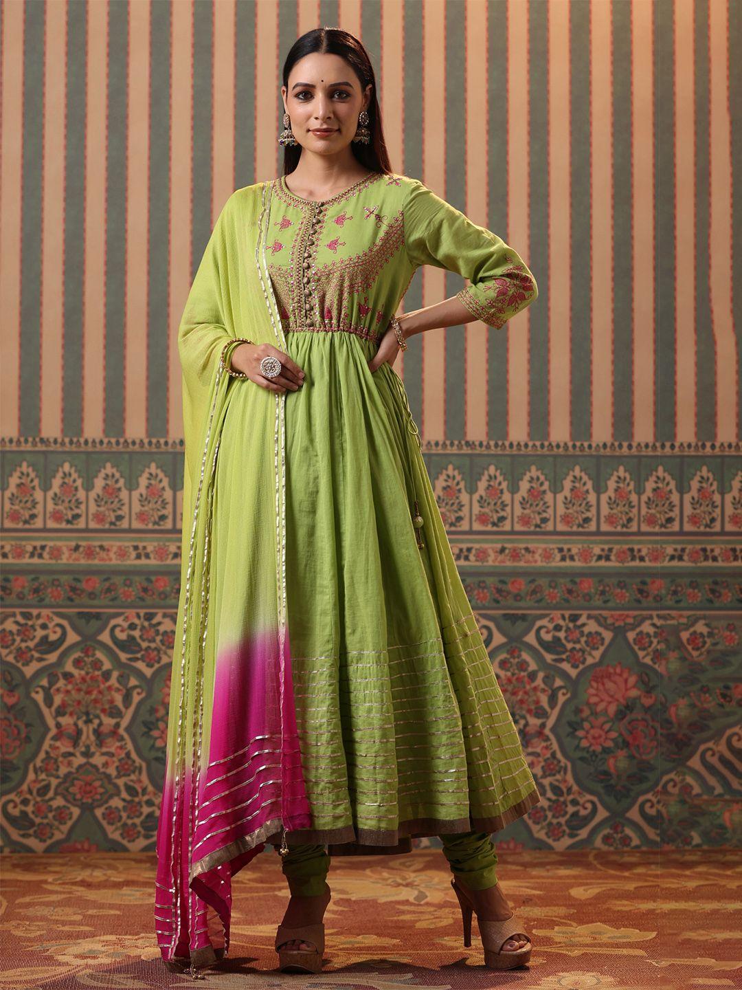 rain & rainbow women green & magenta yoke design pure cotton kurta with churidar & dupatta