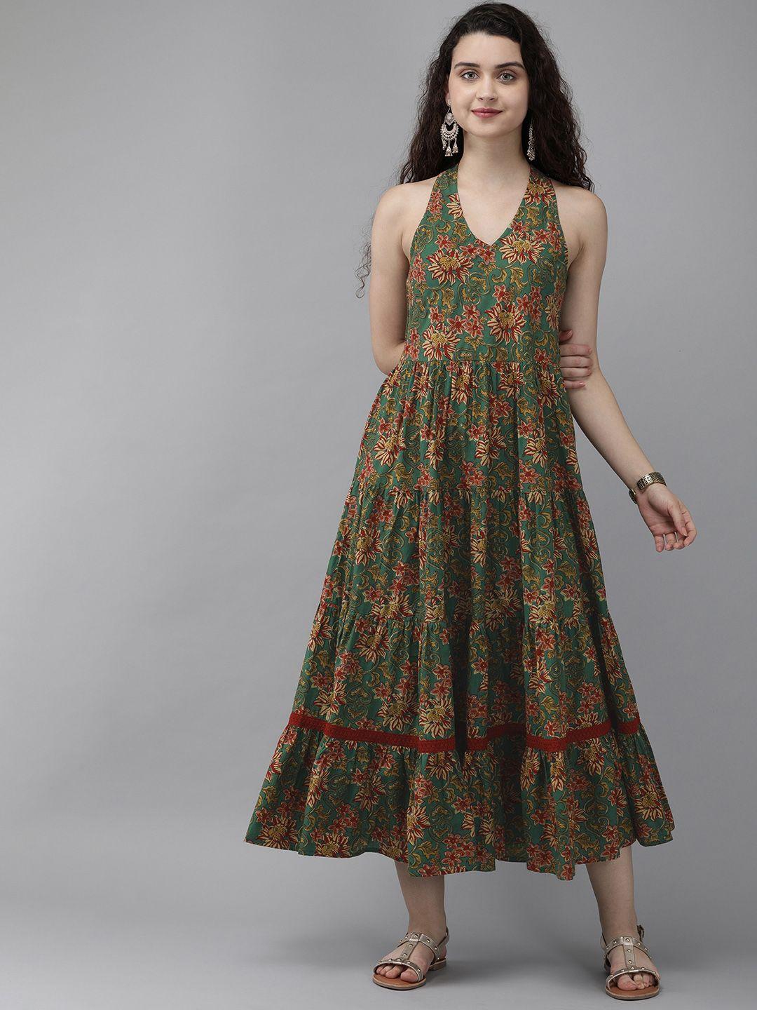 rain & rainbow women green & maroon floral printed tiered fit and flare dress