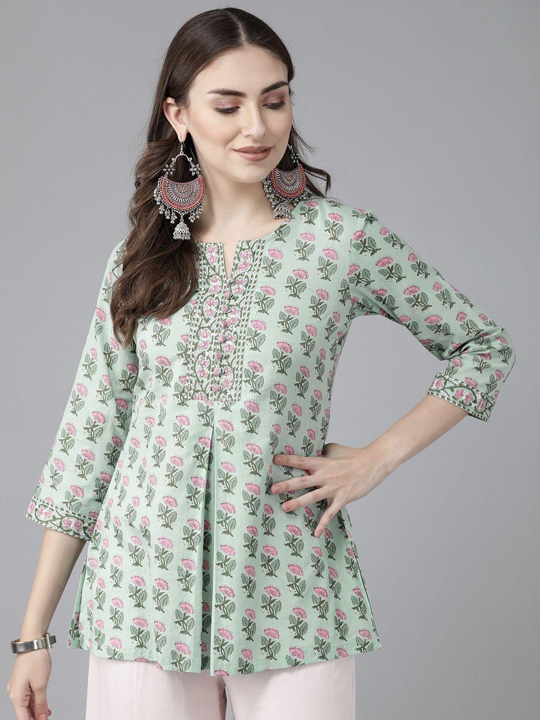 rain & rainbow women green & pink floral printed sequinned pure cotton kurti