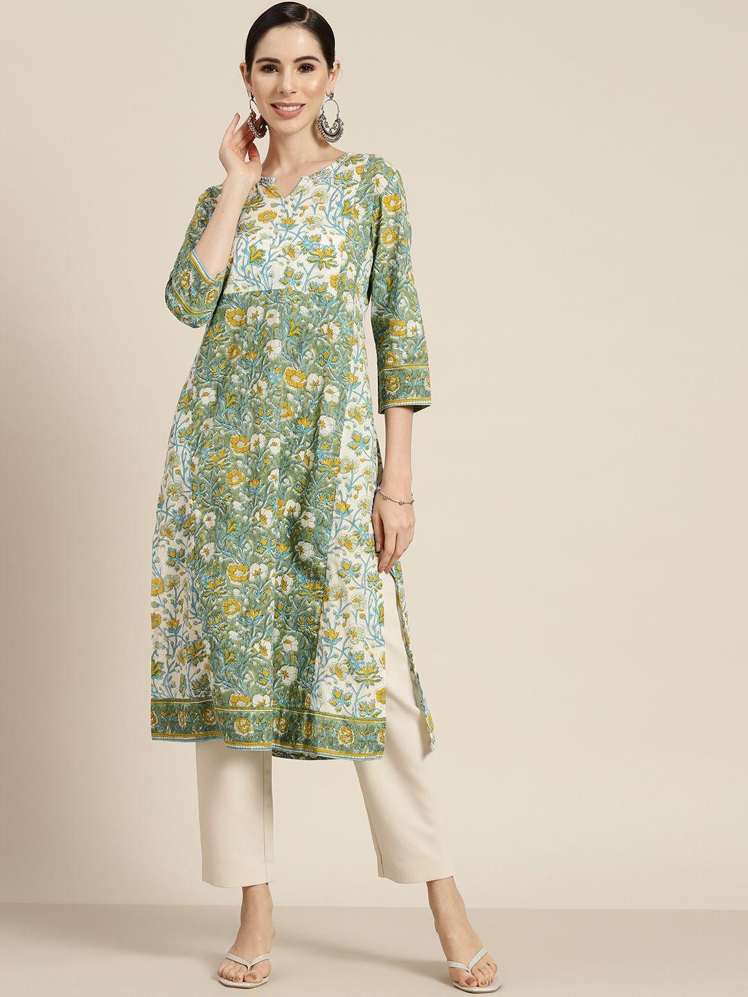 rain & rainbow women green & white floral printed cotton kurta