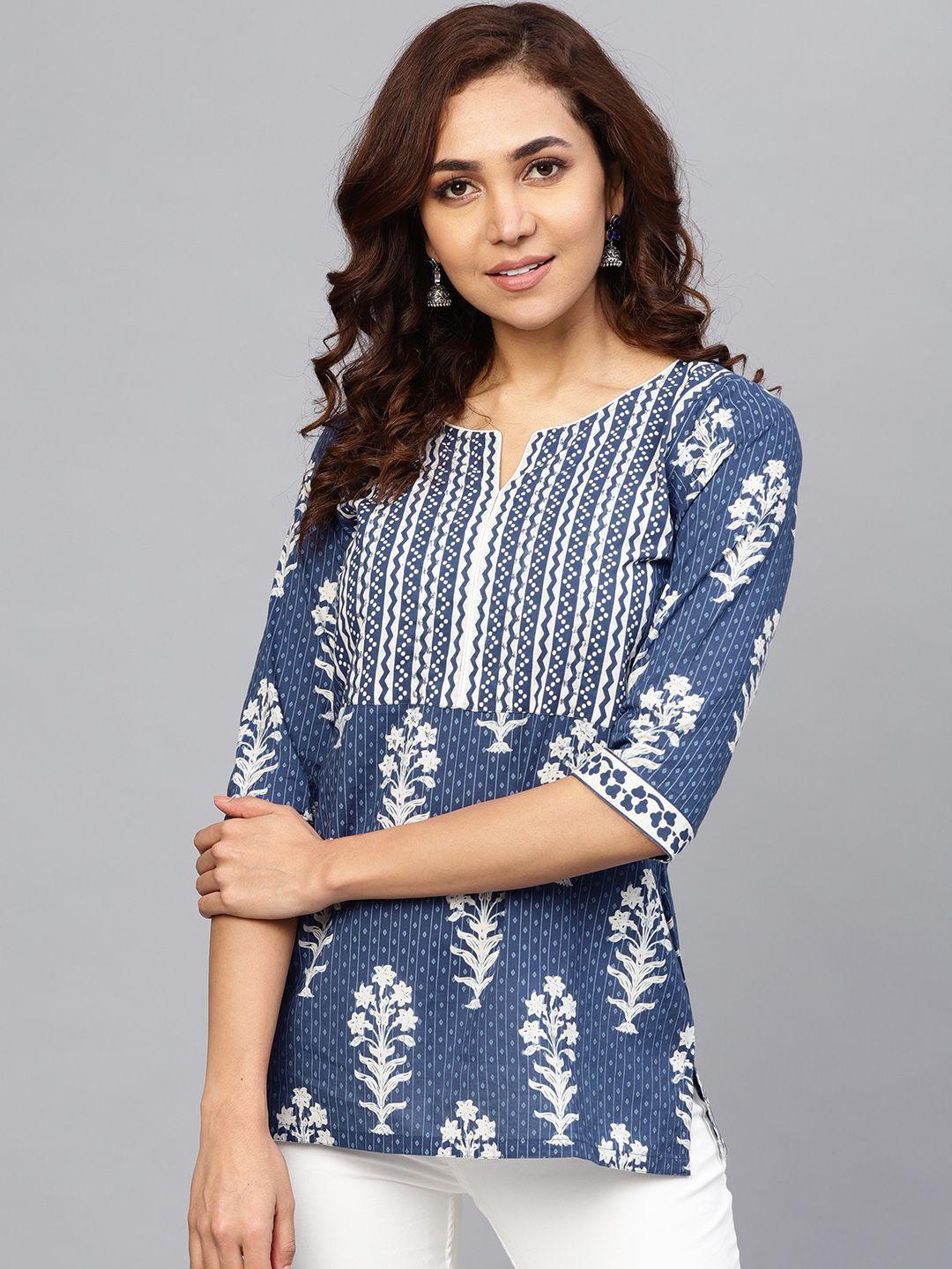 rain & rainbow women navy blue & off-white printed pure cotton a-line kurti