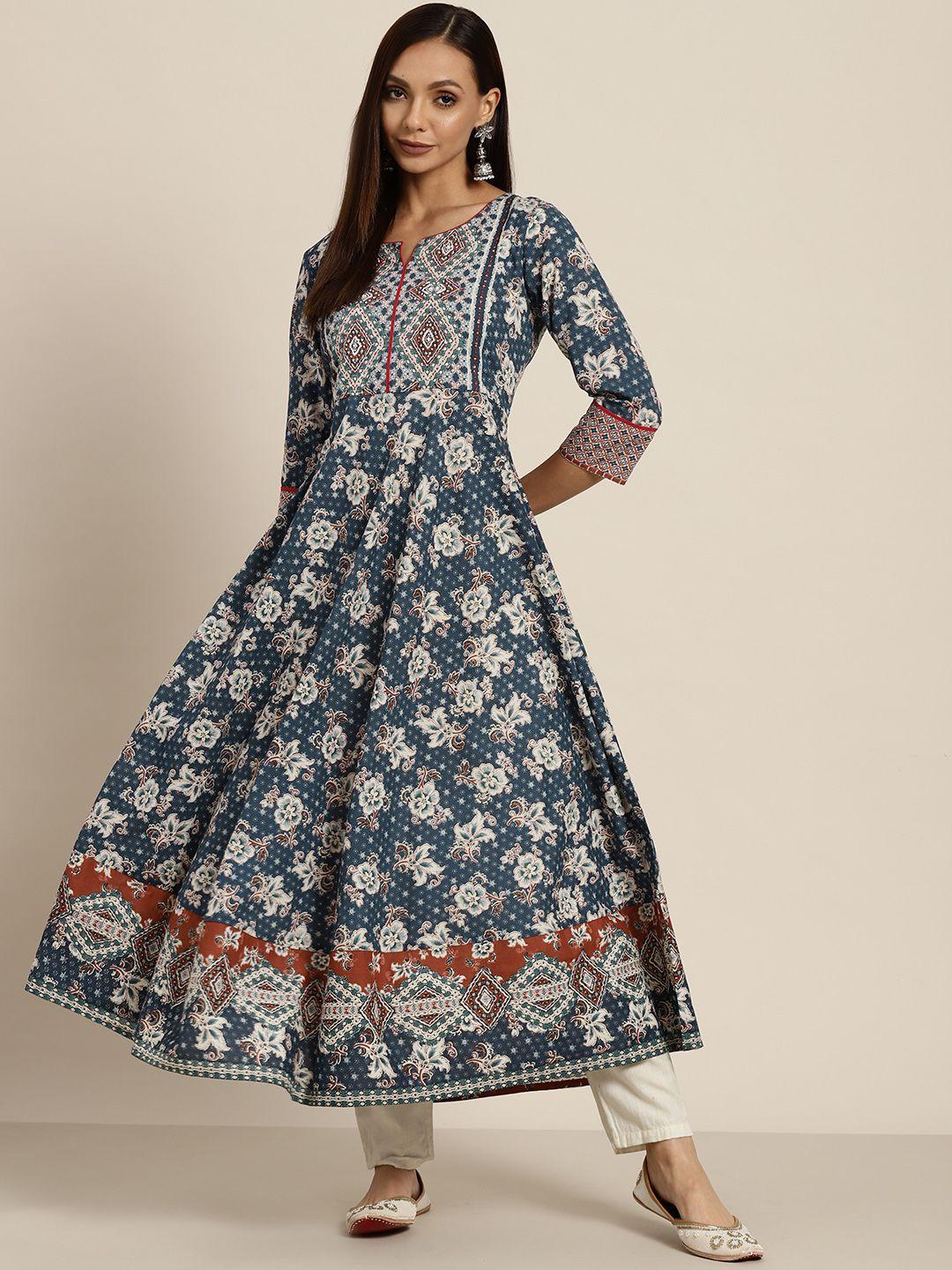 rain & rainbow women navy blue & off white pure cotton floral print anarkali kurta