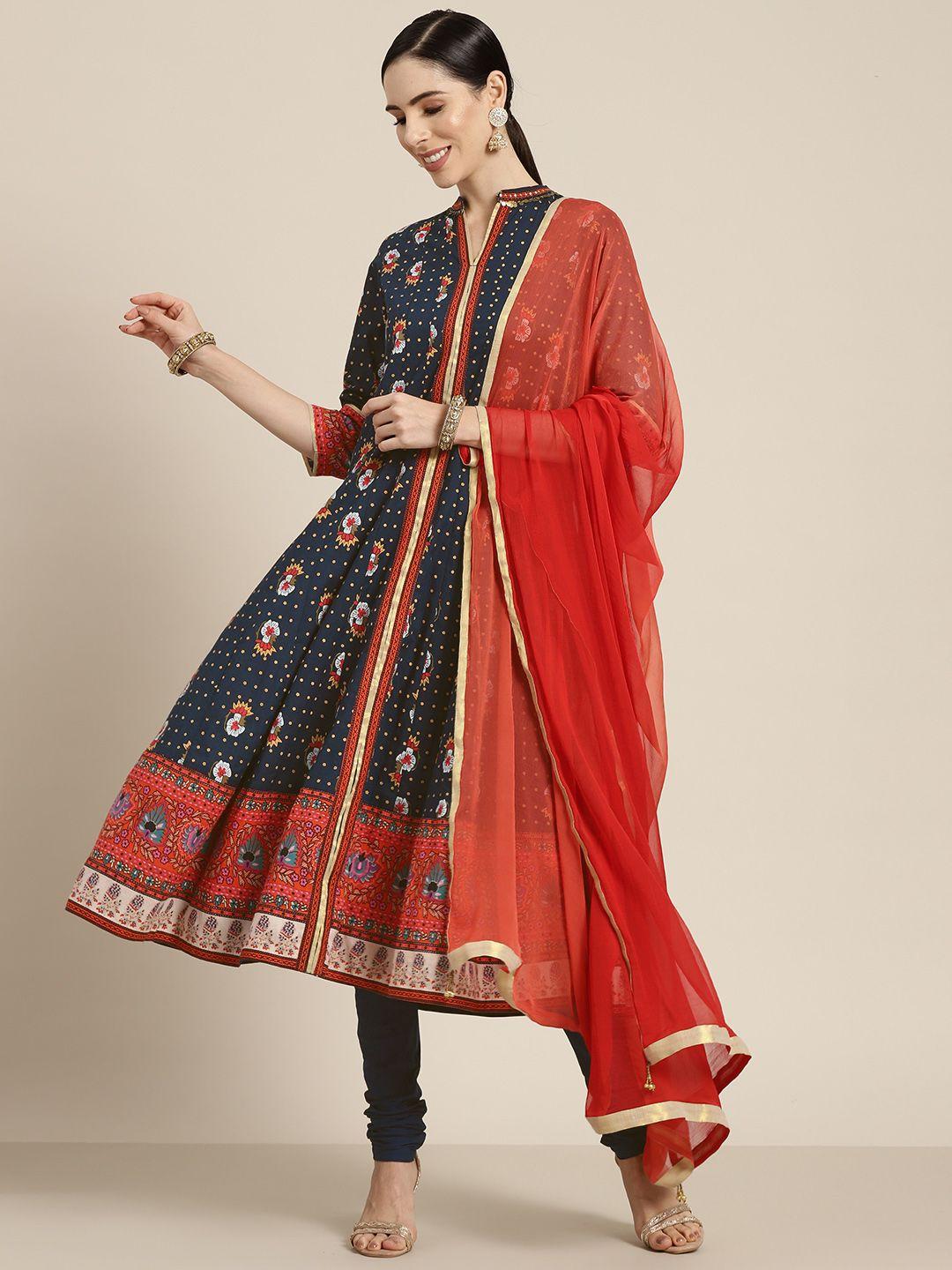 rain & rainbow women navy blue floral printed sequinned pure cotton kurta with churidar & with dupatta