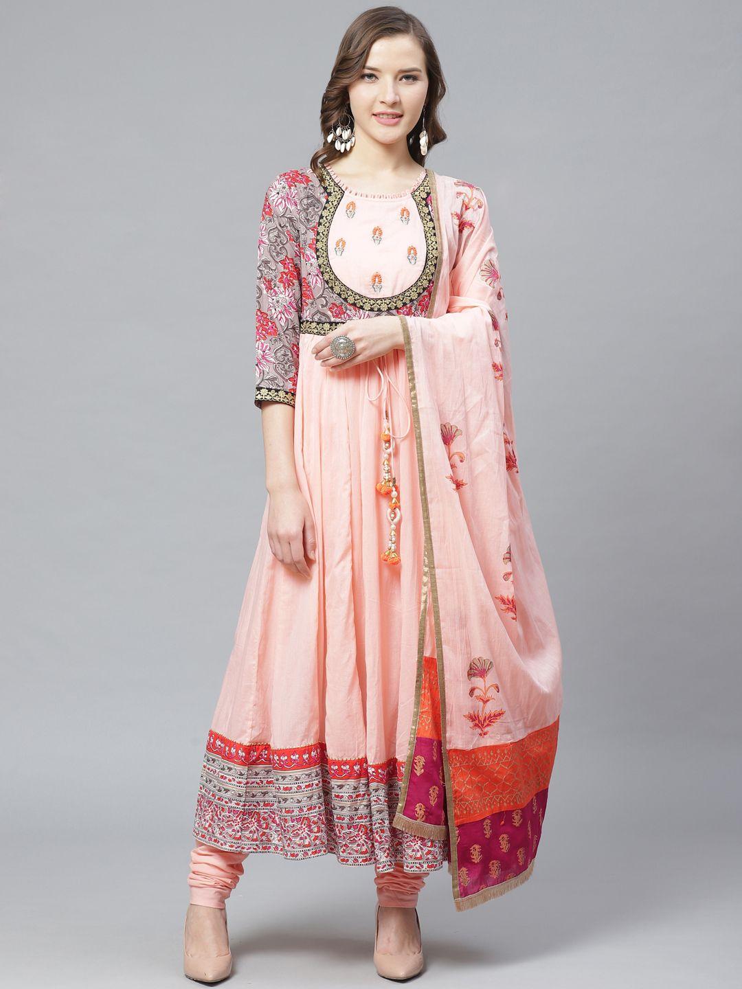 rain & rainbow women peach-coloured & grey yoke design kurta with churidar & dupatta