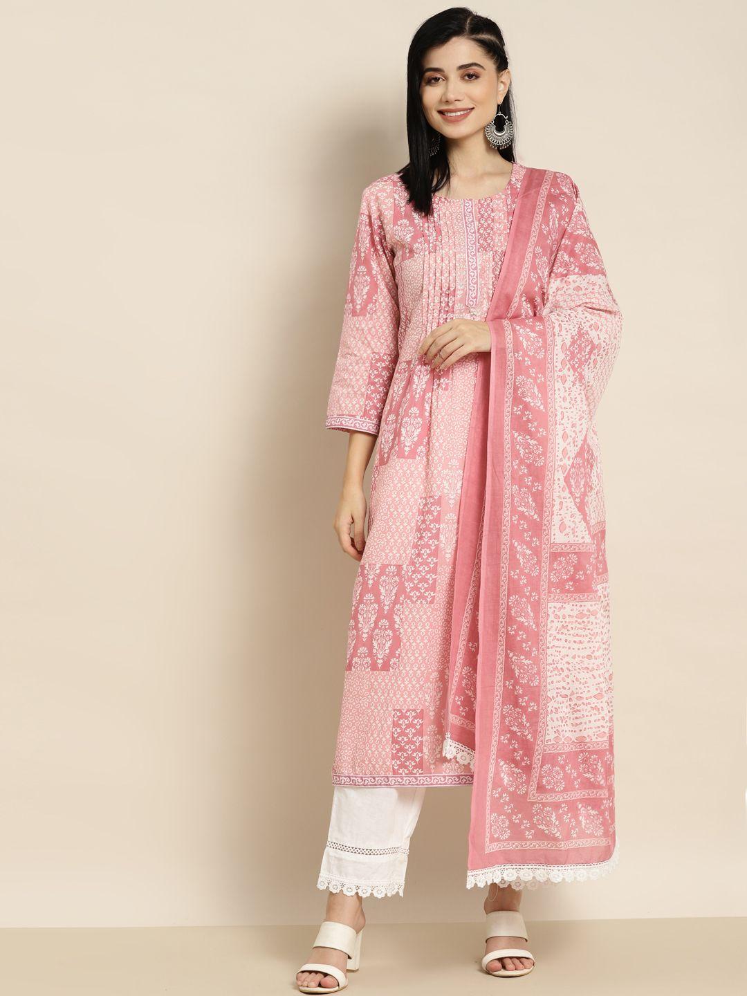 rain & rainbow women peach-coloured ethnic motifs printed sequinned pure cotton kurta with trousers & with