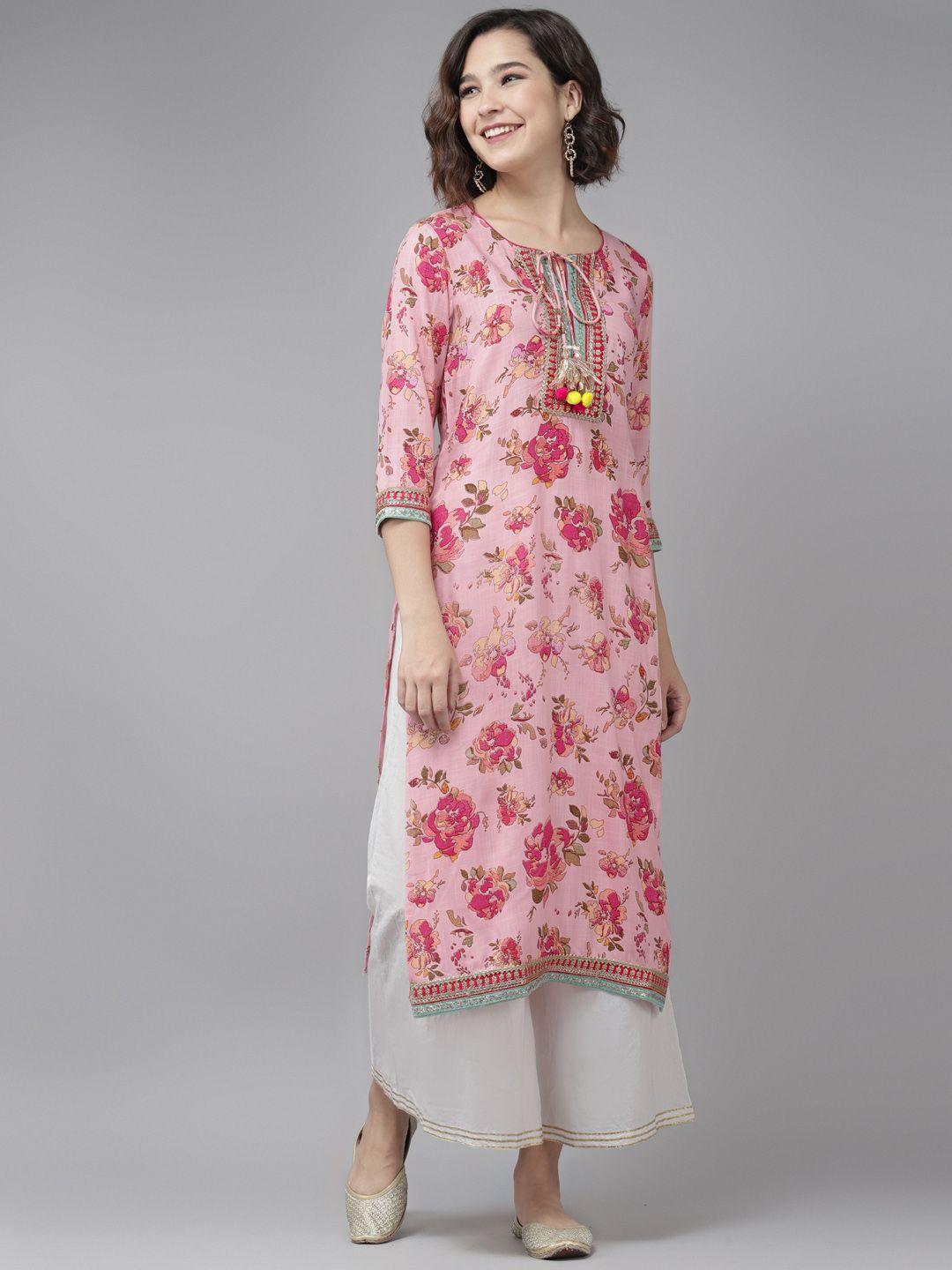 rain & rainbow women pink & yellow floral print thread work straight kurta