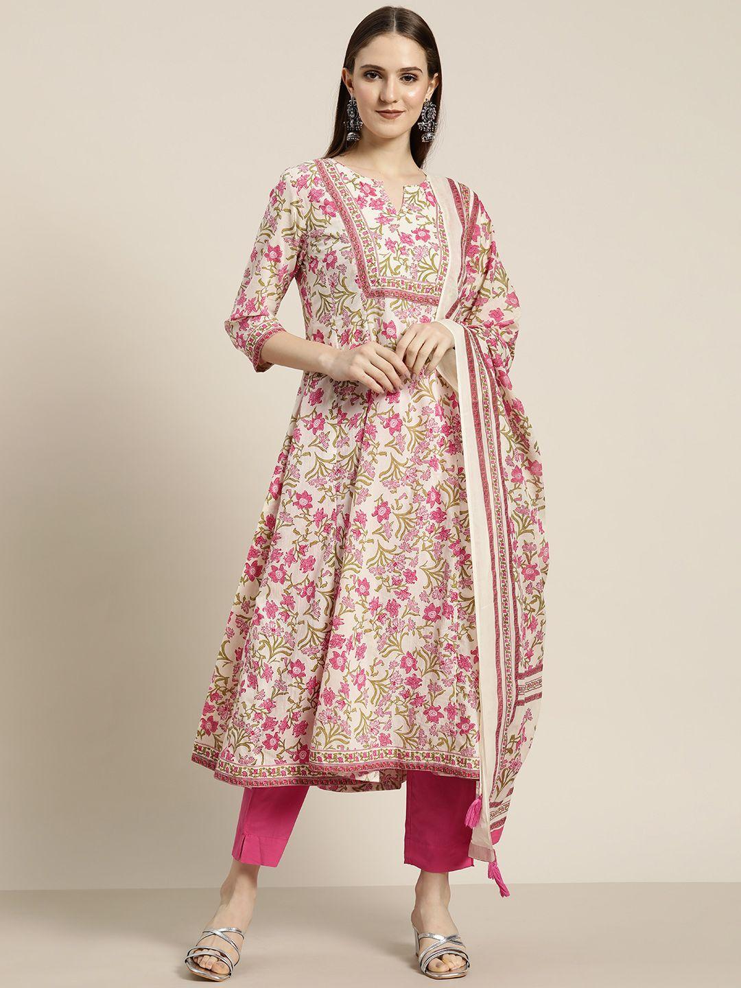 rain & rainbow women pink floral printed sequinned pure cotton kurta with trousers & with dupatta