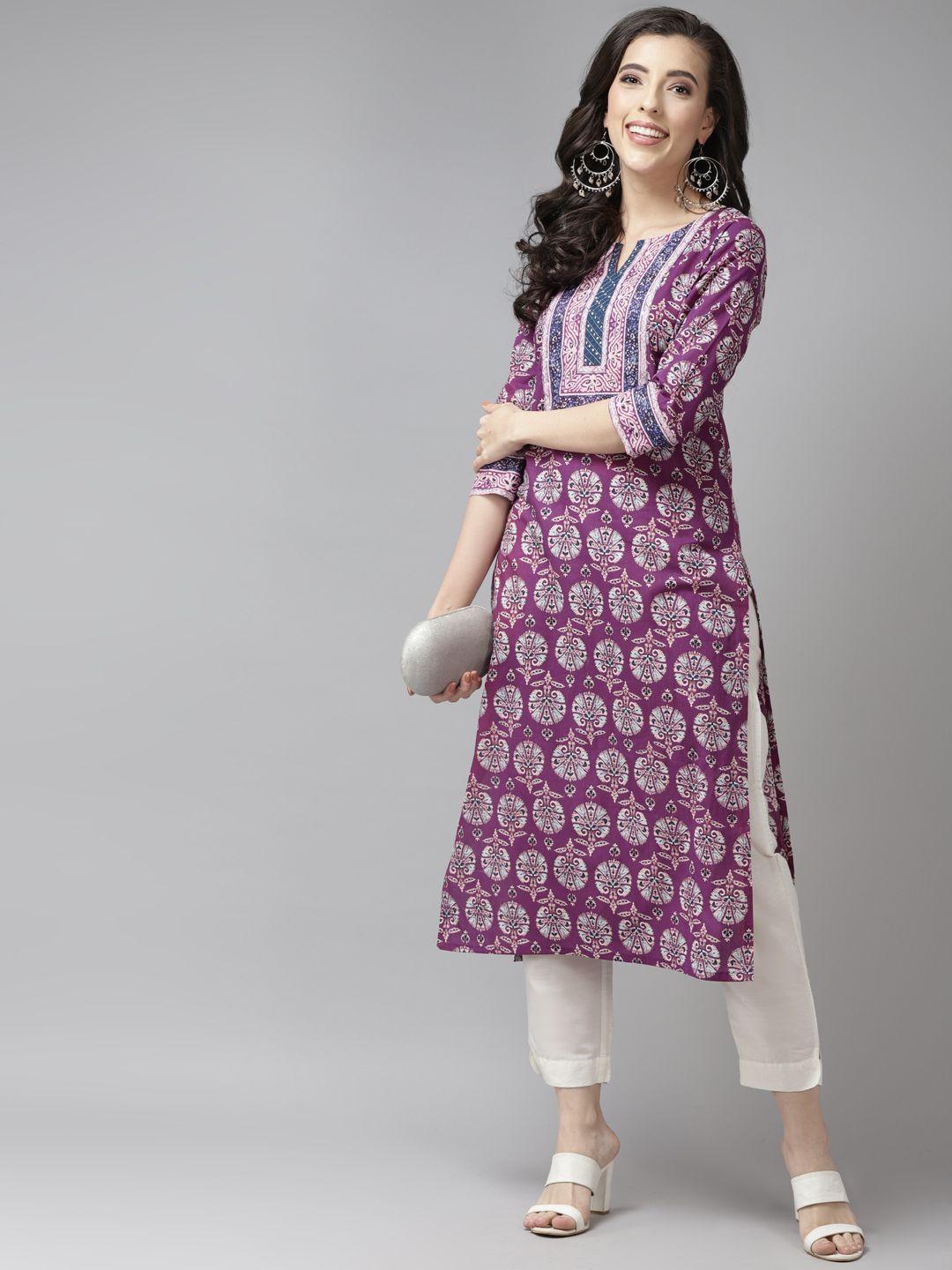 rain & rainbow women purple & white pure cotton ethnic motifs printed kurta