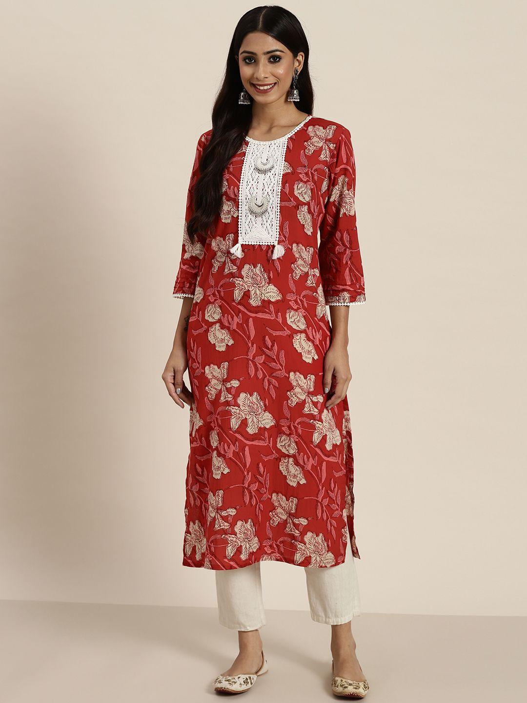 rain & rainbow women red & white floral printed floral cotton kurta