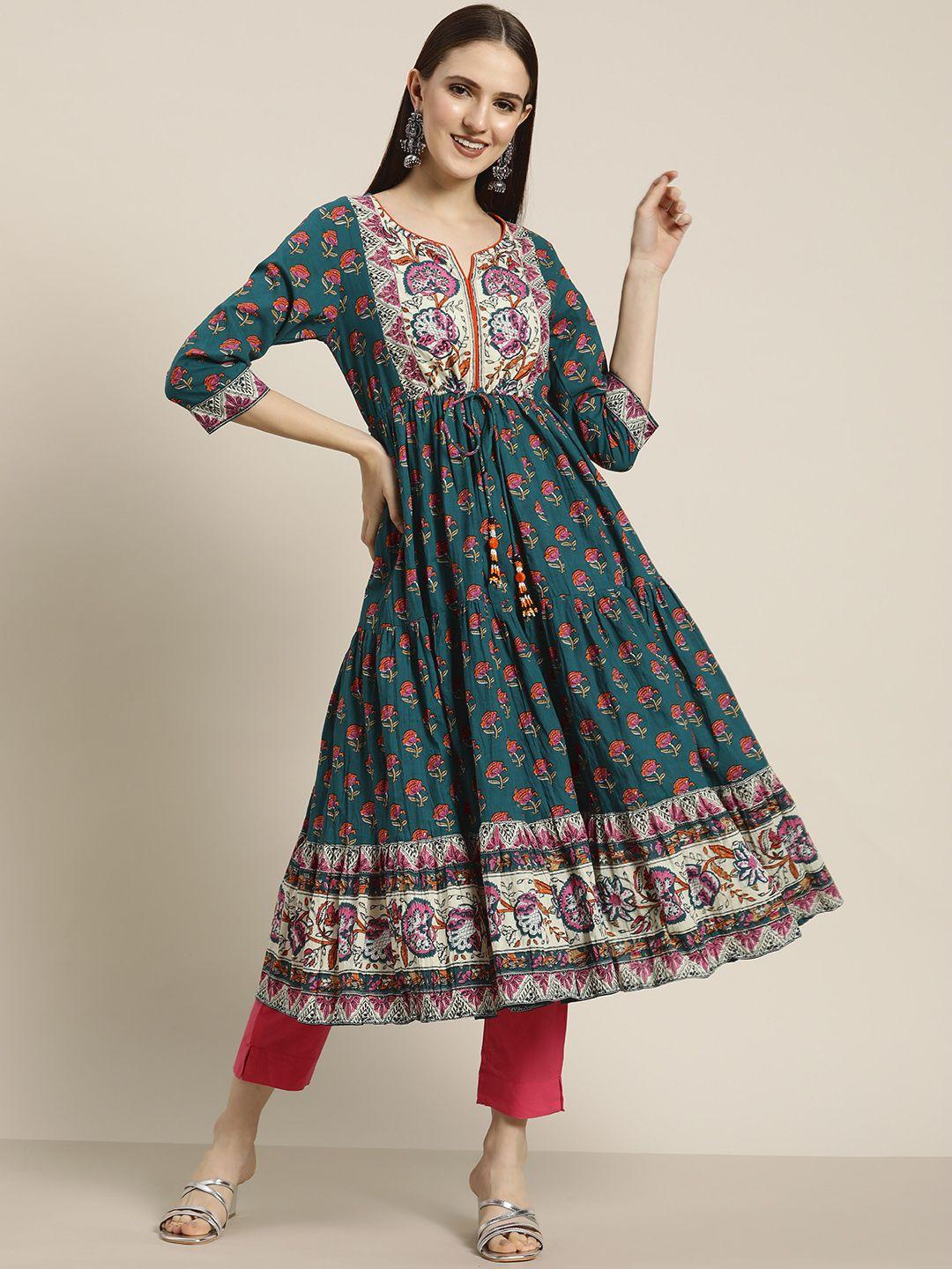 rain & rainbow women teal & beige floral printed floral anarkali kurta