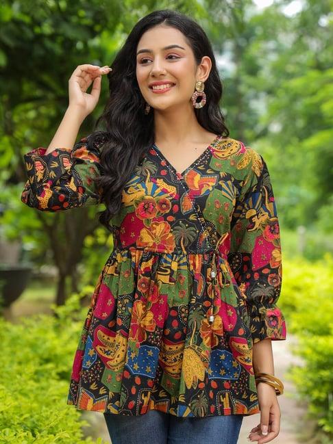 rain and rainbow black cotton printed a line kurti