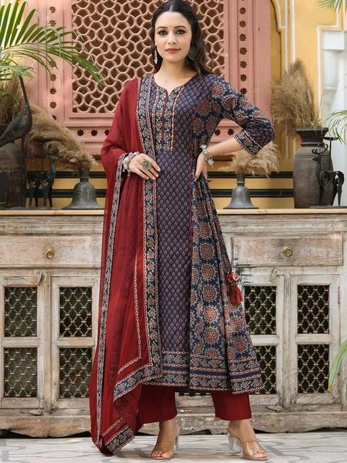 rain and rainbow blue & red cotton printed kurta pant set with dupatta