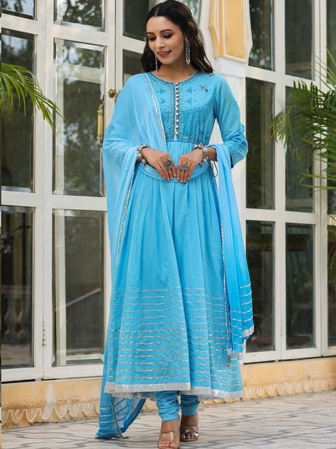 rain and rainbow blue cotton embellished kurta chudidar set with dupatta