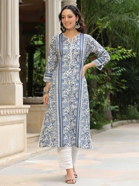 rain and rainbow blue cotton floral print straight kurta