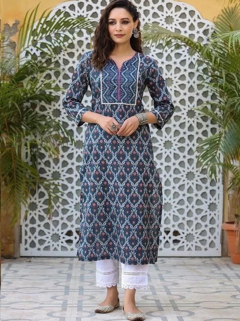 rain and rainbow blue cotton printed straight kurta