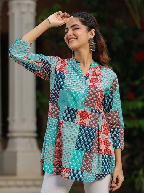 rain and rainbow blue cotton printed top