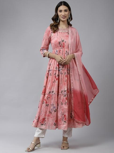 rain and rainbow coral floral print cotton kurta & dupatta