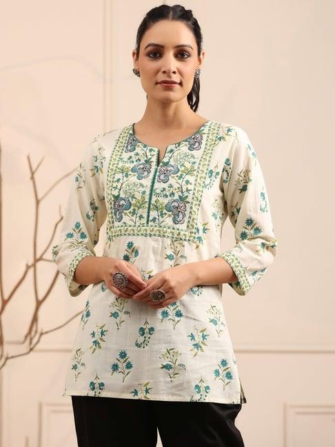 rain and rainbow cream & blue cotton printed straight short kurti