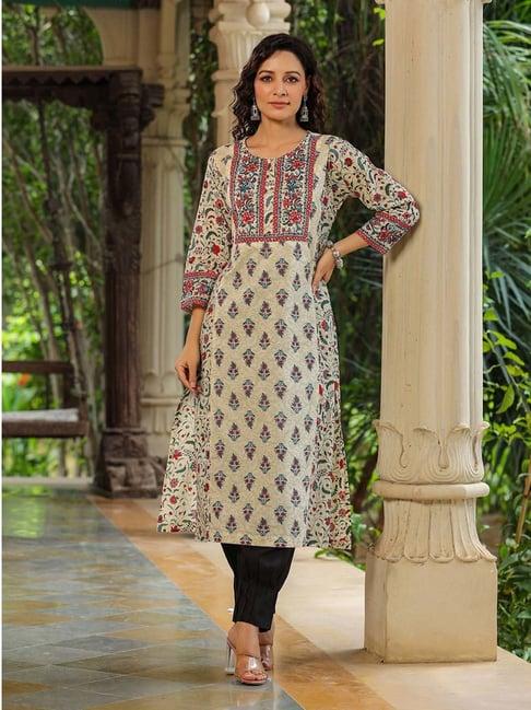 rain and rainbow cream cotton printed a line kurta