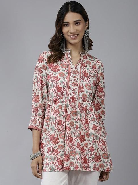 rain and rainbow cream floral print cotton kurti