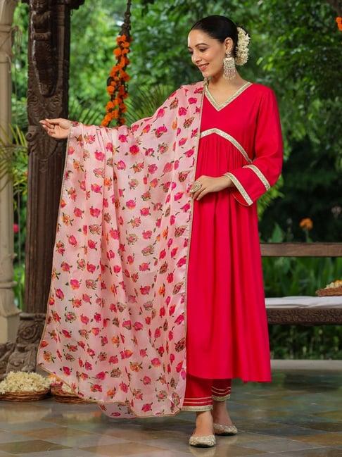 rain and rainbow fuchsia pink embroidered kurta pant set with dupatta