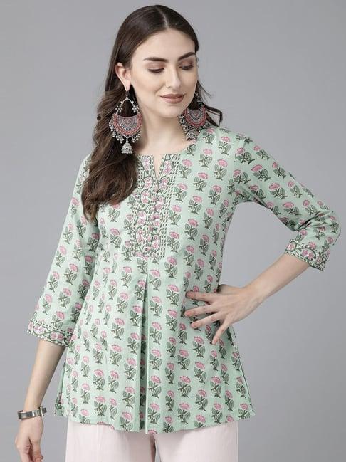 rain and rainbow green & pink cotton printed a line kurti