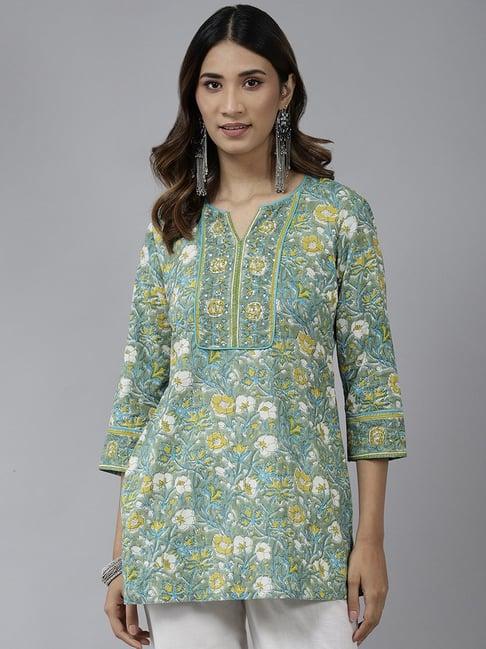 rain and rainbow green floral print cotton kurti