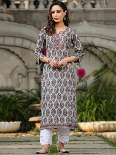 rain and rainbow grey cotton printed straight kurta