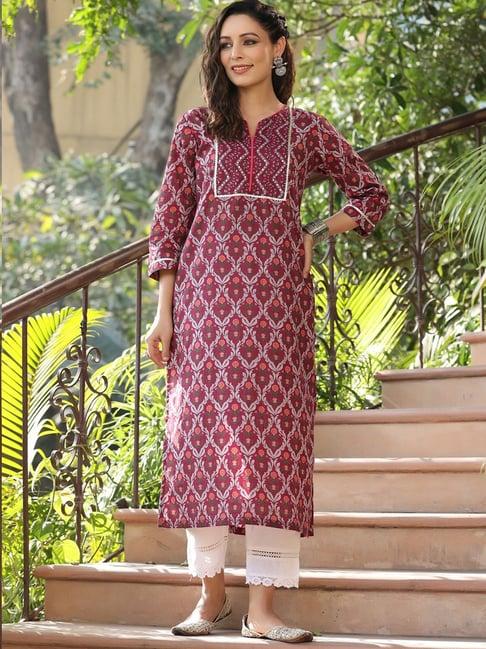 rain and rainbow maroon printed straight kurta