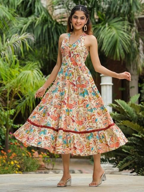 rain and rainbow multicolored cotton floral print a-line dress