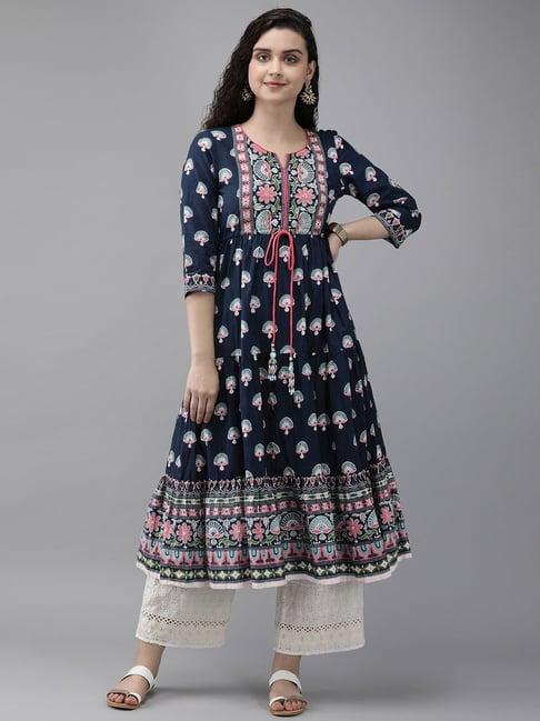 rain and rainbow navy printed fit & flare kurta