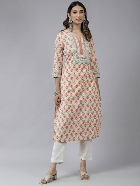 rain and rainbow peach floral print cotton kurta