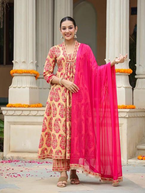 rain and rainbow pink & beige pure cotton floral kurta with pant & dupatta