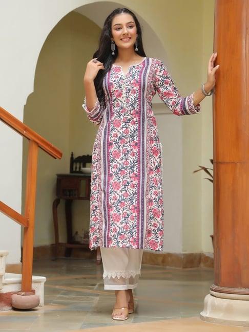 rain and rainbow pink cotton floral print straight kurta