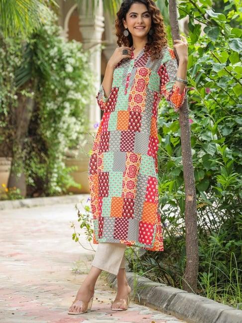 rain and rainbow red cotton floral print straight kurta