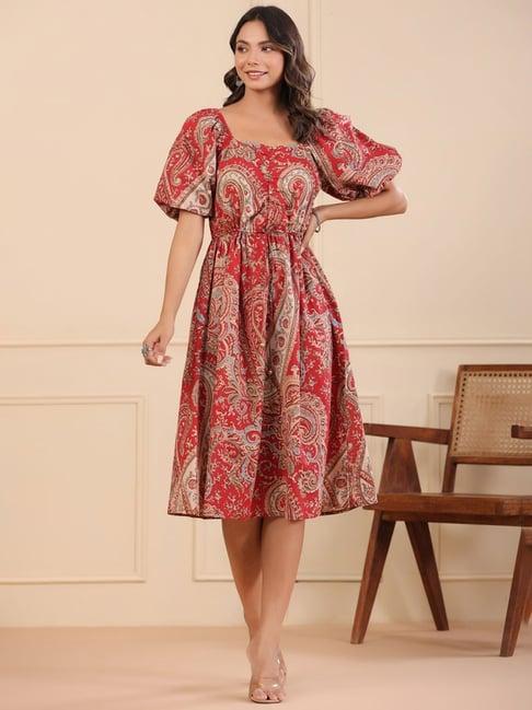 rain and rainbow red cotton printed a-line dress