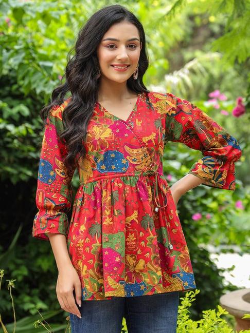 rain and rainbow red cotton printed a line kurti