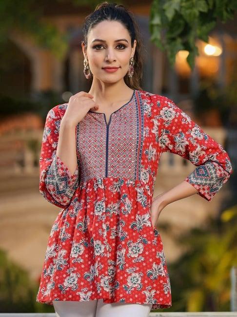 rain and rainbow red cotton printed a line short kurti