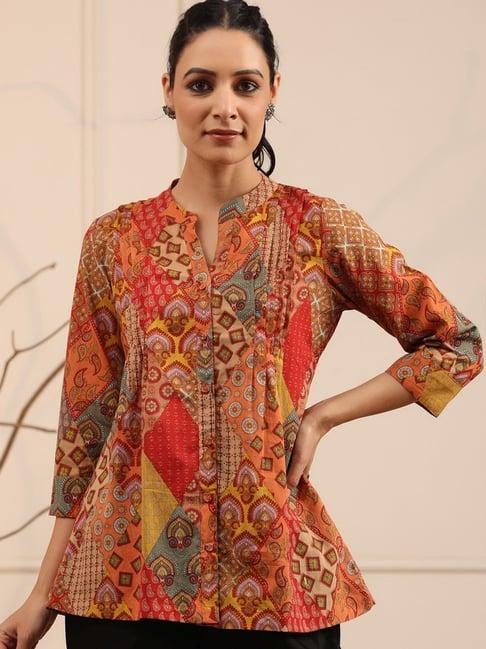 rain and rainbow rust cotton printed a line short kurti