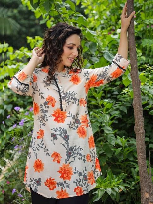 rain and rainbow white & orange cotton floral print straight short kurti