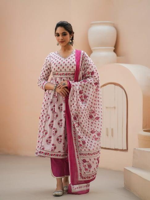 rain and rainbow white & pink cotton floral print kurta & pant set with dupatta