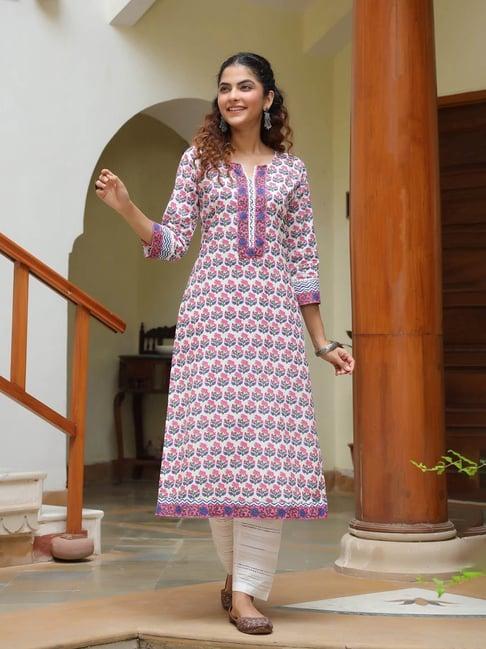 rain and rainbow white cotton printed straight kurta