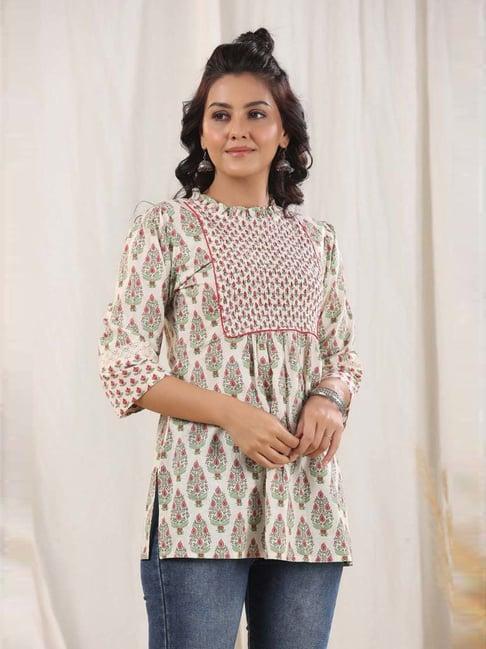 rain and rainbow white cotton printed straight short kurti