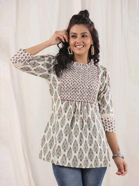 rain and rainbow white cotton printed straight short kurti