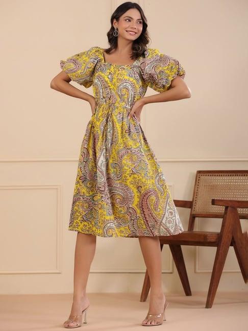 rain and rainbow yellow cotton printed a-line dress