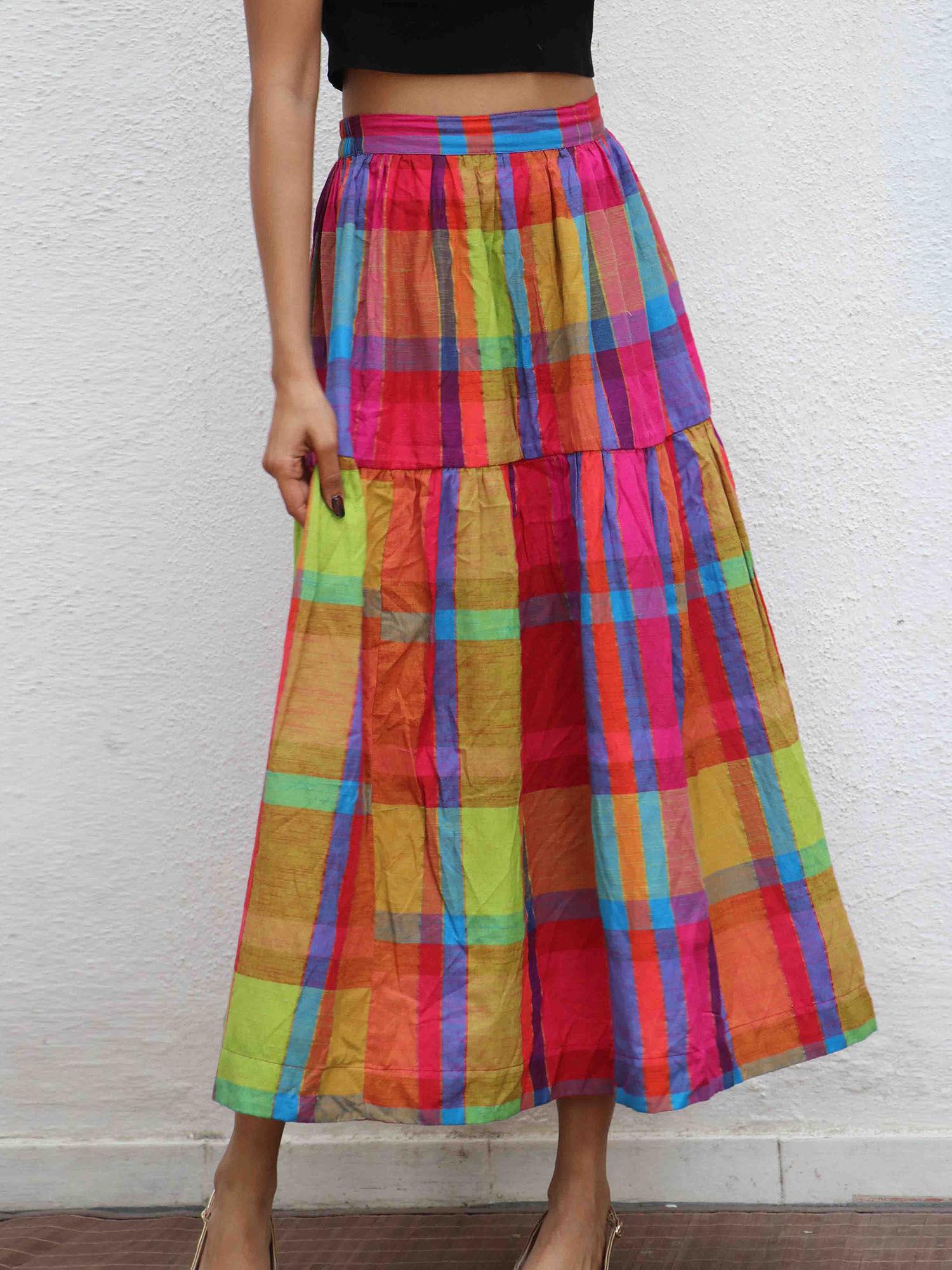 rainbow cafe feodora checks handwoven cotton skirt