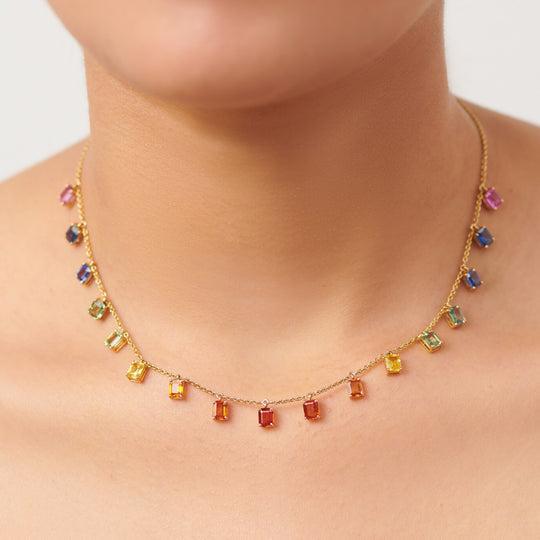 rainbow sapphire fringe necklace (emerald-cut)