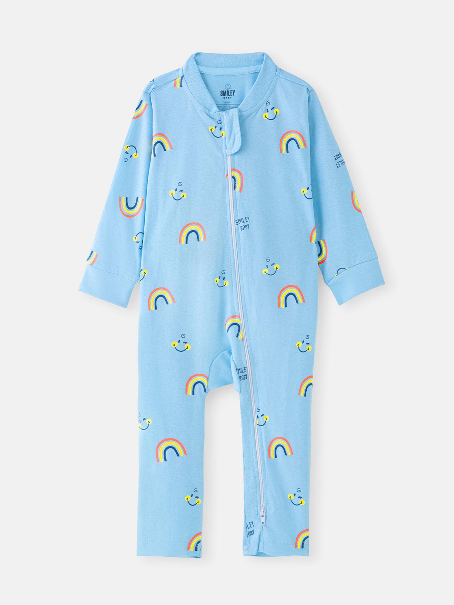 rainbows and smiles sky blue smiley baby zip romper blue